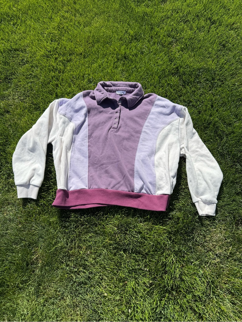 Lavender & Cream Colorblock Polo Sweatshirt with Mauve Hem
